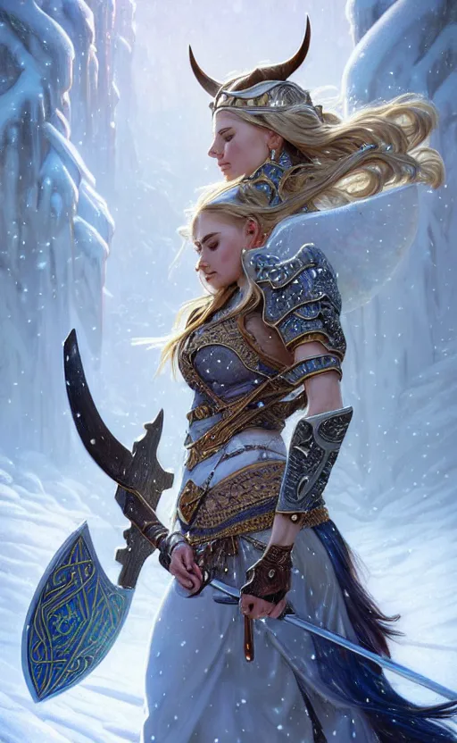 Image similar to opal viking warrior, regal, elegant, winter, snow, beautiful, stunning, hd, illustration, epic, d & d, fantasy, intricate, elegant, highly detailed, wide angle, digital painting, artstation, concept art, smooth, sharp focus, illustration, wallpaper, art by artgerm and greg rutkowski and alphonse mucha and jin xiaodi