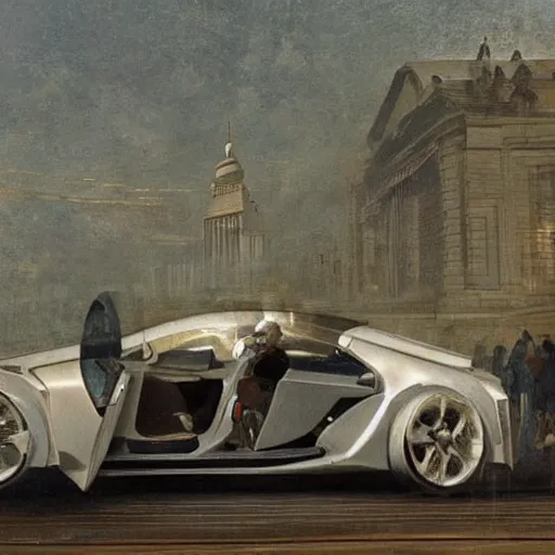Image similar to sci-fi sport car f1 hatchback transport design organic smooth elastic forms 20% of canvas on the front; background wall structure on the coronation of napoleon painting 20% of canvas; by Jacques-Louis David, pinterest keyshot product render, cloudy plastic ceramic material shiny gloss water reflections, ultra high detail ultra realism, 4k