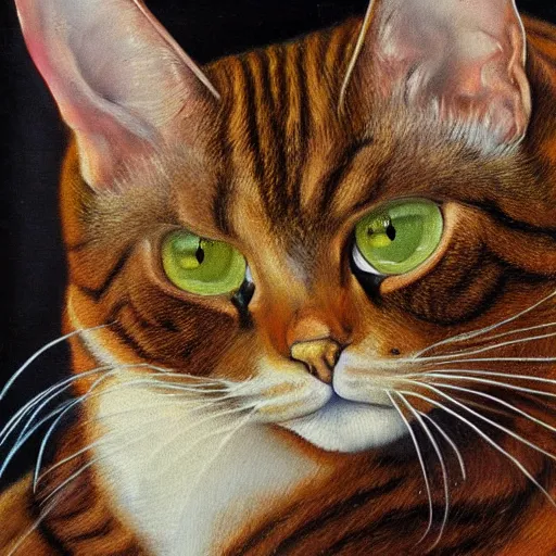 Image similar to high quality high detail painting by lucian freud, hd, brown cat with yellow eyes