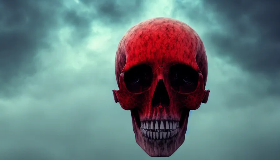 Image similar to Photorealistic Skull covered in thin red strings Surrounded by thick fog and puffy magical clouds that glow from lights in the distance, volumetric lighting, haze, atmosphere, magical lighting, digital art, wallpaper, octane, redshift, creepy, shallow depth of field