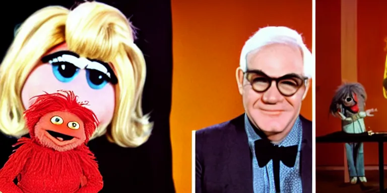 Image similar to Photoreal Cinematography of a photorealistic muppet version of Debbie Harry hosting The Muppet show, standing with with Steve Martin with a photo accurate photorealistic face