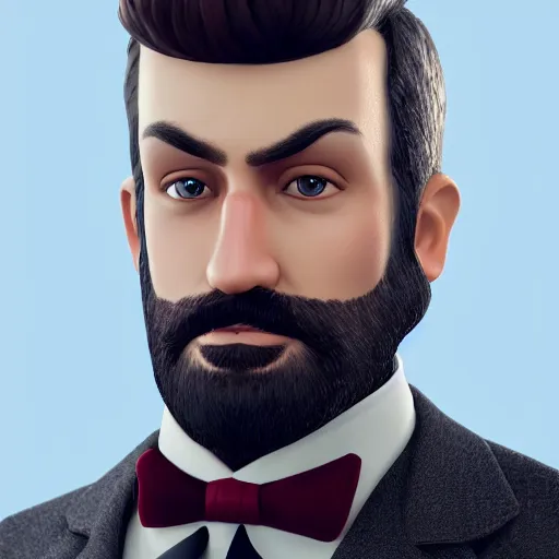 Image similar to a highly detailed portrait of a man, with a brown short beard and hair, blue eyes, wearing a tuxedo, artstation, deviantart, professional, octane render