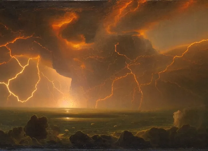 Prompt: earth during the cretaceous – paleogene extinction event, just as the asteroid is colliding with earth, thunderstorms and hellfire, in the style of hudson river school of art, oil on canvas