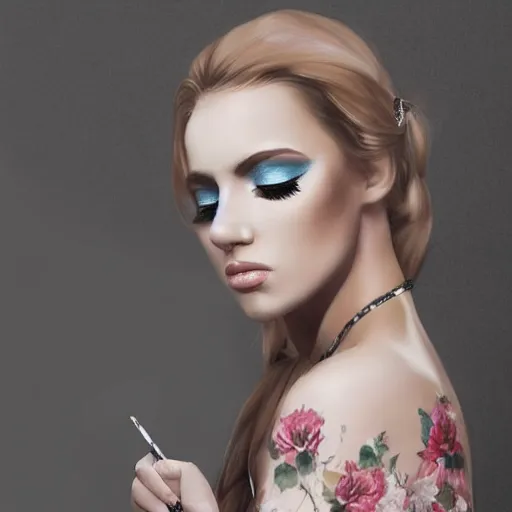 Image similar to a photo realistic art of a girl with an elegant outfit and heavy make up