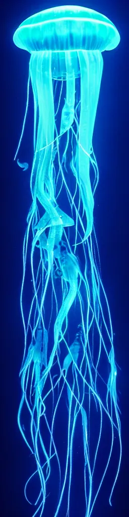 Image similar to a deep sea translucent bioluminescent jellyfish glowing indigo, hyperrealistic, extremely detailed, underwater photography