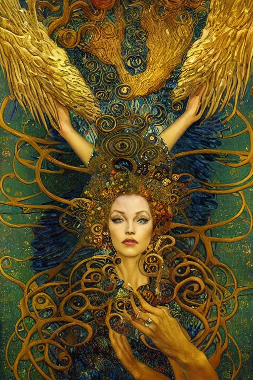 Image similar to Visions of Paradise by Karol Bak, Jean Deville, Gustav Klimt, and Vincent Van Gogh, visionary, otherworldly, fractal structures, infinite angel wings, ornate gilded medieval icon, third eye, spirals, heavenly spiraling clouds with godrays, airy colors, feathery wings