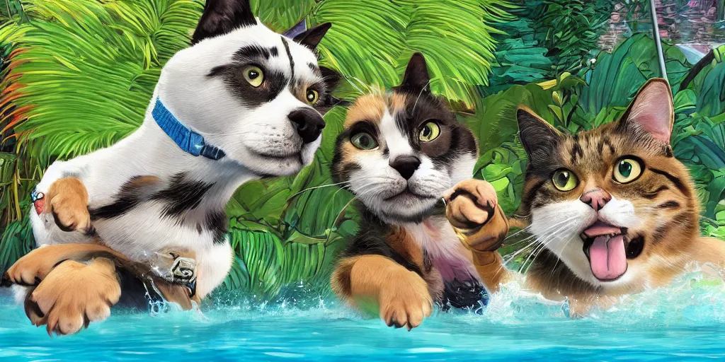 Image similar to cat and dog taking selfie in a swimming pool in the middle of the jungle, highly detailed, digital painting, artstation, concept art