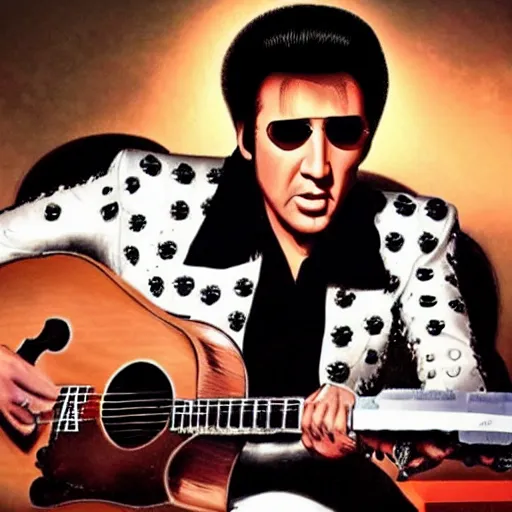 Image similar to nicolas cage as elvis presley playing the guitar over a poker table