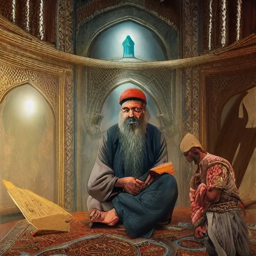 Prompt: “ inspired artwork of highly detailed concept art: Great Sufi Master teaches his student secret knowledge, masterpiece,character art, ultra detailed, spiritual objects,cinematic shot, artstation HD, 4K UHD image”