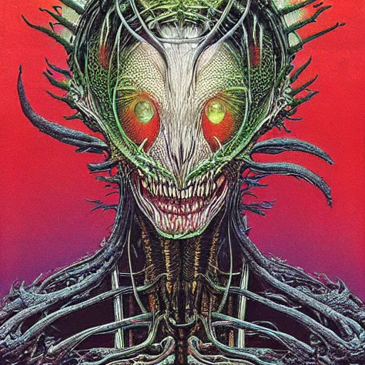 Prompt: simple concept art portrait of, ‘ the carnivore alien ’. an award winning yoshitaka amano digital art poster, by james gurney and gerhard richter. art by takato yamamoto. masterpiece, deep colours.