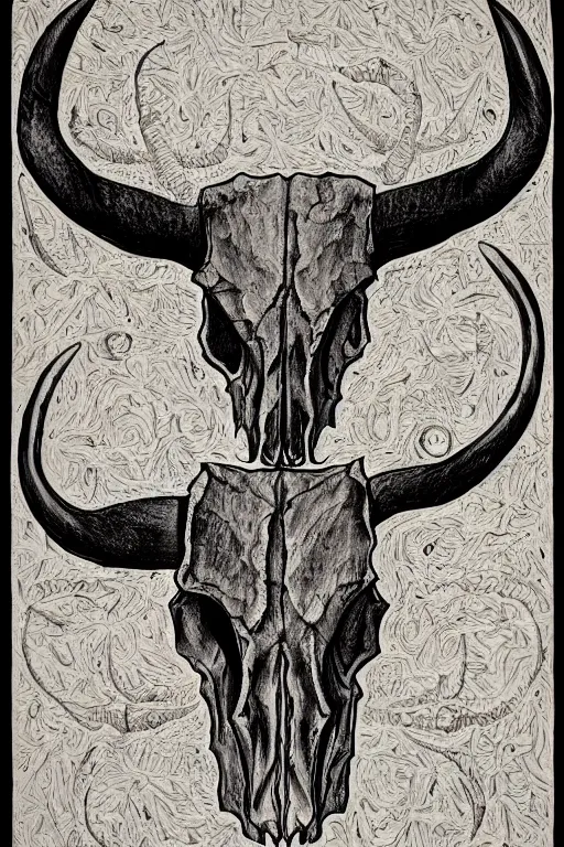 Prompt: Portrait of a Texas Longhorn Skull, with skull bone ornately carved with delicate patterns, tritone, mixed media, fine linework, pen and ink, symmetry