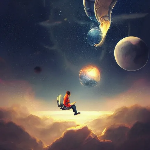 Prompt: a man who is lost in his dreams floating in space, digital art artstation trending