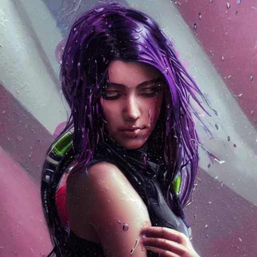 Image similar to very detailed masterpiece painting of a very beautiful wet young cyberpunk woman with olive skin, dark purple hair and cybernetics, cyberpunk background, raining, closeup, portrait, artstation, concept art by greg rutkowski