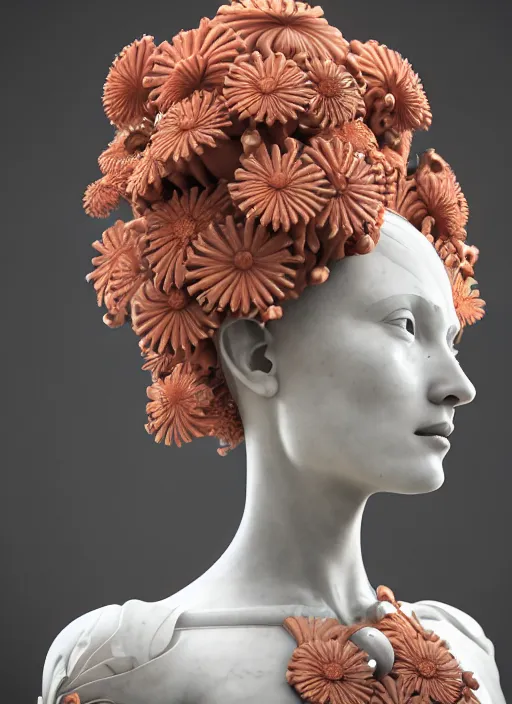 Image similar to biomechanical coral headdress, daisies, well contoured smooth fair walls with marble statue, carrying a bottle of perfume, up close shot, sharp focus, global illumination, radiant light, alexandre ferra white mecha, irakli nadar, octane highly render, 4 k, ultra hd,