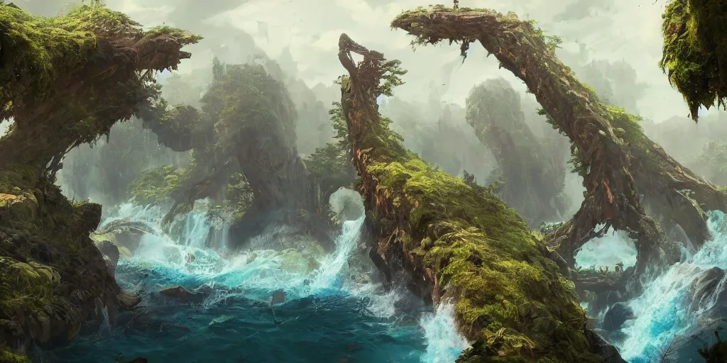 Prompt: Fantasy overgrown world overview, planet, giant whale floating, waterfalls, ancient tree, Greg Rutkowski, Frank Frazetta, Kim Jung Gi, trending on Artstation, 8K, ultra wide angle, pincushion lens effect, zenith view