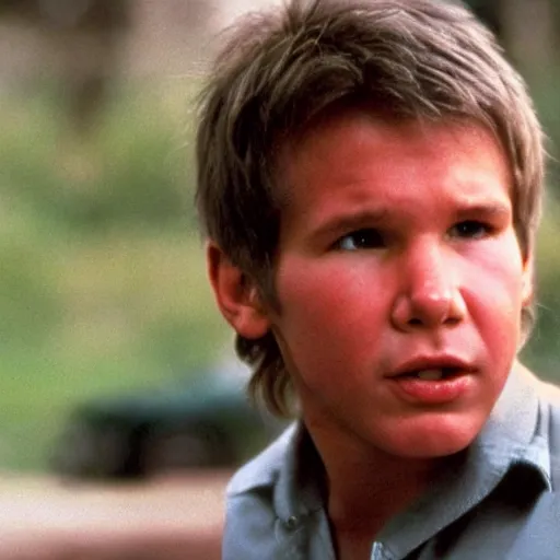 Image similar to film still of 1980s Harrison Ford as Simon Birch in Simon Birch,