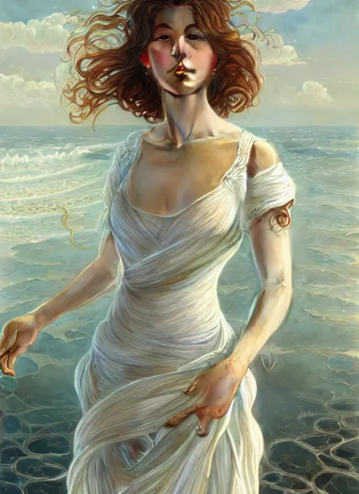 Prompt: long shot, woman posing, short wavy hair, round face, intricate white dress, cottagecore!!, inside water, intricate, enlightened, highly detailed, digital painting, artstation, concept art, smooth, sharp focus, illustration, art by artgerm and greg rutkowski and alphonse mucha