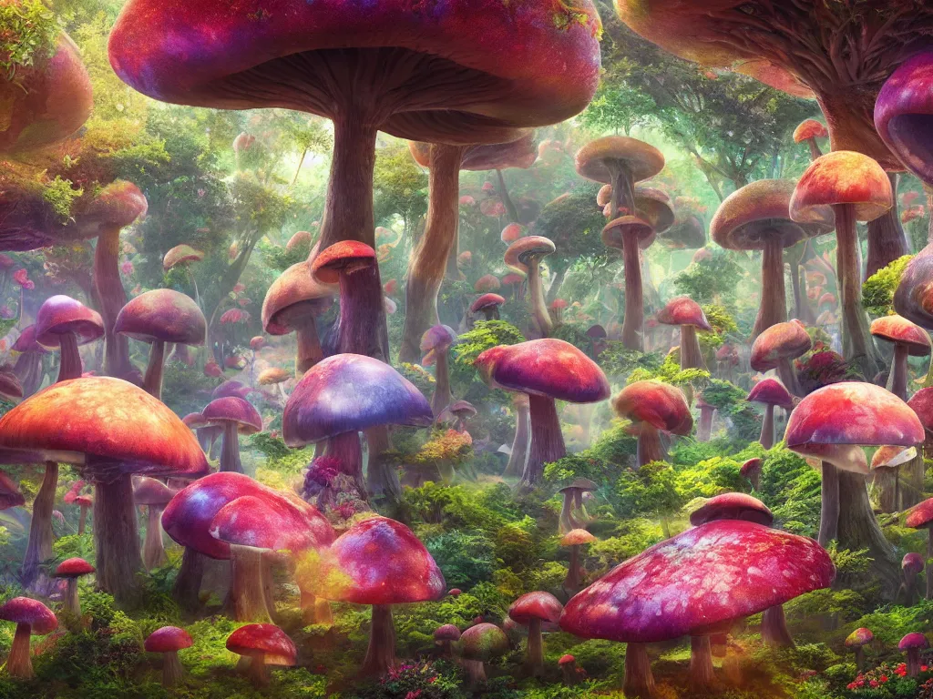 Image similar to a beautiful otherworldly fantasy landscape of giant mushroom trees forming canopies over bright colorful mythical floral plants, like alice in wonderland, rendering, cryengine, deep color, vray render, cinema 4 d, cgsociety, bioluminescent