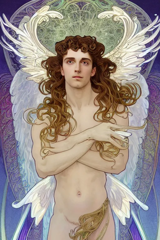 Image similar to full figure art nouveau portrait of a beautiful young fit male angel with curly blond hairs, dressed with fluent clothes, majestic wings, luminous halo, by alfons mucha, d & d character, gradient white to gold, in front of an iridescent background, highly detailed portrait, digital painting, artstation, concept art, smooth, sharp focus, illustration, artstation hq