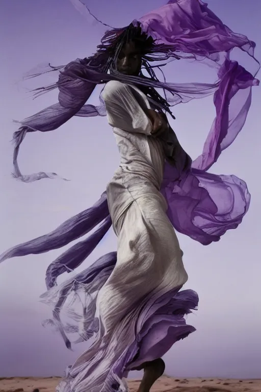 Prompt: full lenght flowing twisted clothes like tornado a old tuareg woman, many fabric, stones near foot, wind, stands on sand, full body shot, dark background, pastel purple colour scheme, giant gladiola betta fish!! jellyfish phoenix, highly detailed. by caravaggio, greg rutkowski