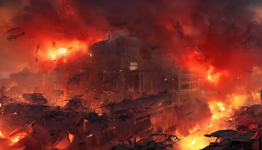 Image similar to washington dc destroying by missiles, explosions, fire, debris, buildings collapsing, damaged streets, people fleeing, smoke columns, war, hyperdetailed, artstation, cgsociety, 8 k