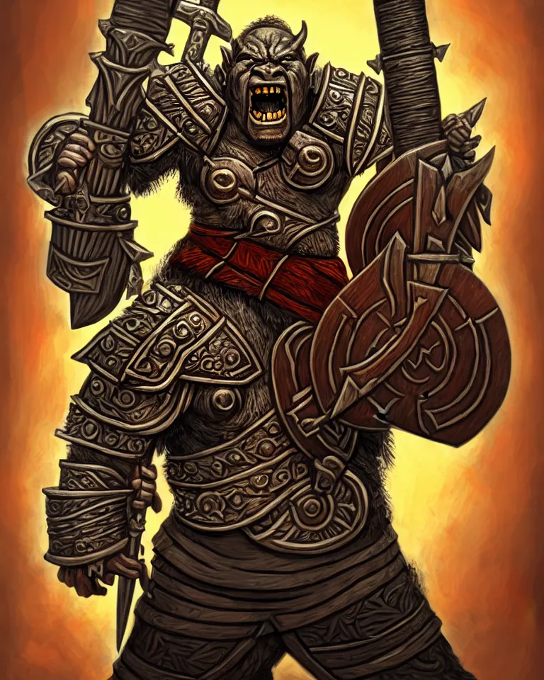 Image similar to a portrait of an orc warrior holding a metal battle axe with an intricate wooden carved hilt, in the style of riot games arcane