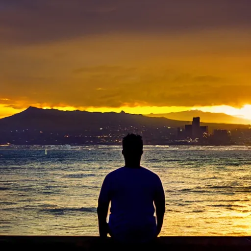 Prompt: a sailor watching the sunset with diamond head hawaii in the background