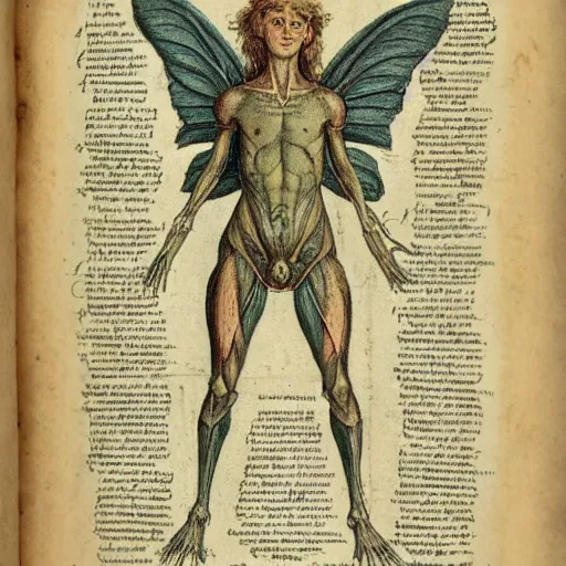 Prompt: page of an old anatomy book of fantastic creatures like leprechauns, fairies, dwarves and other, depicting the anatomy of a female magical fairy with golden green wings, long hair and elven features, old parchment