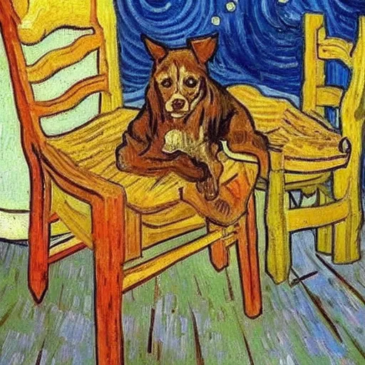 Prompt: A Van Gogh painting of a dog sitting in a chair inside a room that is on fire, this is fine