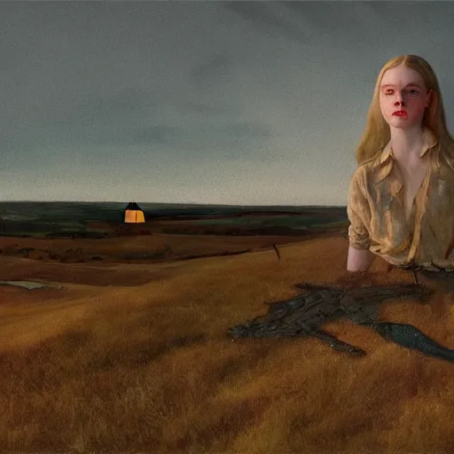 Image similar to Elle Fanning in the painted world of iRobot, head and shoulders masterpiece, apocalypse, golden hour, cosmic horror, artstation, in the style of Andrew Wyeth and Edward Hopper and Bosch, extremely detailed