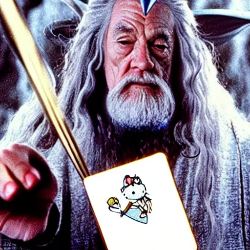 Image similar to portrait of gandalf, wearing a Hello Kitty bow, holding a blank playing card up to the camera, movie still from the lord of the rings