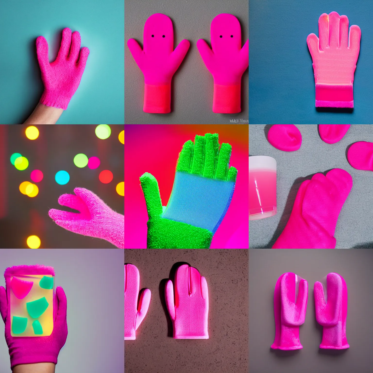 Prompt: product photoshoot of a vibrant glowing pink mitten made of transparent jello, commercial, magazine sales, close up, bokeh, depth of field, studio lighting, rule of thirds