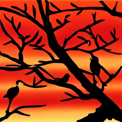 Image similar to birds on cherry tree, Changelingcore, serene, graceful, sunset photo at golden hour, Kodachrome, digital painting by M. C. Escher