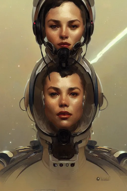 Image similar to A full portrait of a scifi heavy deep space fighter pilot, intricate, elegant, highly detailed, digital painting, artstation, concept art, smooth, sharp focus, illustration, art by Krenz Cushart and Artem Demura and alphonse mucha