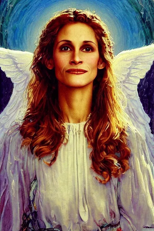 Image similar to angelic painting of young Julia Roberts, Norman Rockwell, oil painting, ethereal, cottage core, faerie, beautiful, loish,