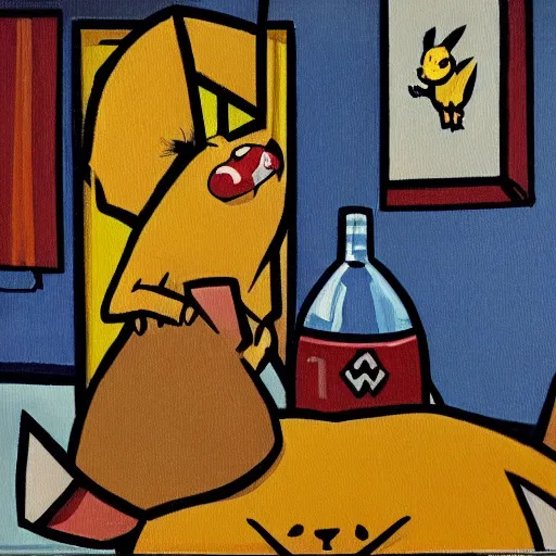 Prompt: sad masterful oil painting of twice divorced alcoholic pikachu alone in his room