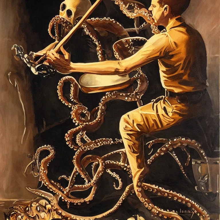 Image similar to a beautiful painting by joseph christian leyendecker of an octopus playing drums and telecaster guitar in a rock concert, dark background, concert light, dark mood, cold lighting