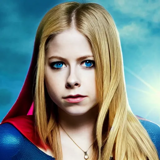 Prompt: Avril Lavigne as Supergirl, portrait photo, soft lighting