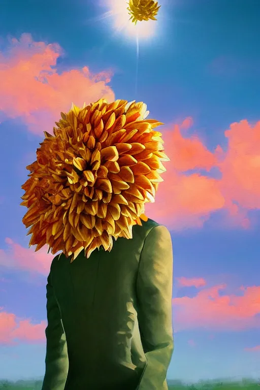 Image similar to closeup giant dahlia flower head, girl in a suit, street, surreal photography, blue sky, sunrise, dramatic light, impressionist painting, digital painting, artstation, simon stalenhag