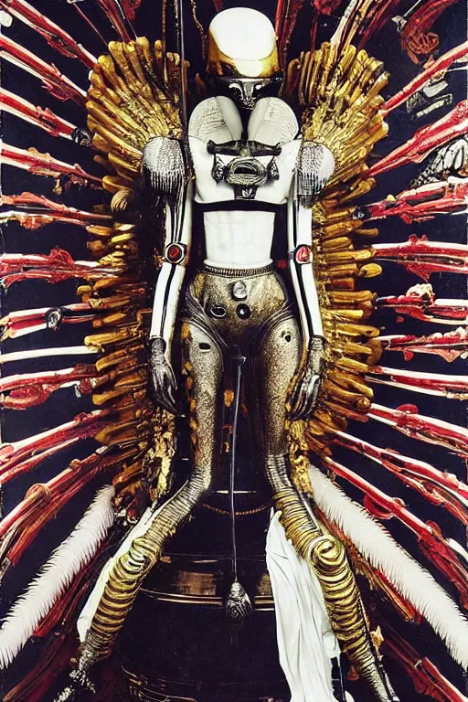 Image similar to kodachrome still symmetry frame from Alien Covenant movie by Takashi Murakami, Count Orlok wearing Polish Winged Hussars armor made with porcelain dressed by Salvatore Ferragamo and by Chanel, haute couture painted by Peter Paul Rubens and by John Baeder by Jean-Michel Basquiat, editorial fashion photography, from vogue magazine