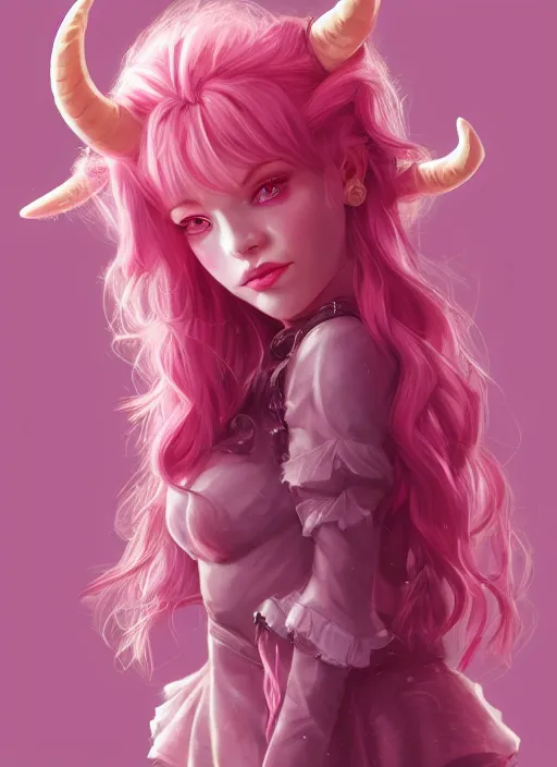 Image similar to a highly detailed illustration of cute smug pink haired pale girl with horns wearing pink dress, dramatic smirk pose, intricate, elegant, highly detailed, centered, digital painting, artstation, concept art, smooth, sharp focus, league of legends concept art, wlop.