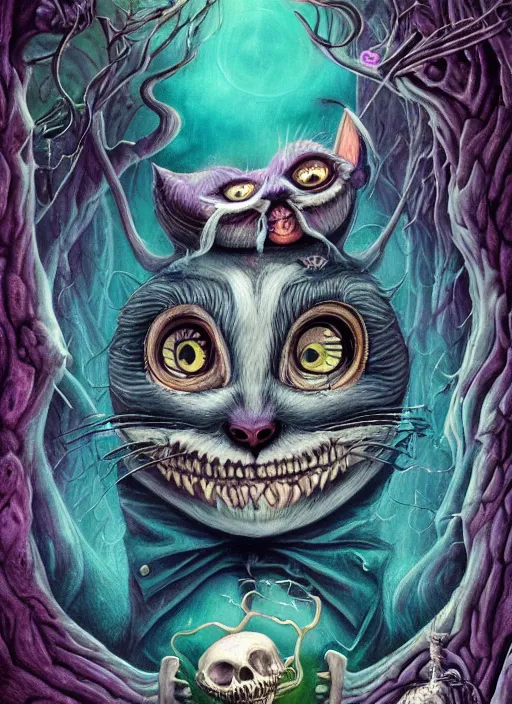 Image similar to cheshire cat the magician tarot card, highly detailed, half skull face, cinematic, 8 k, bymegan duncanson, benjamin lacombe, naoto hattori, adrian borda, giger, trending on deviantart, hyper detailed, horror, full of colour