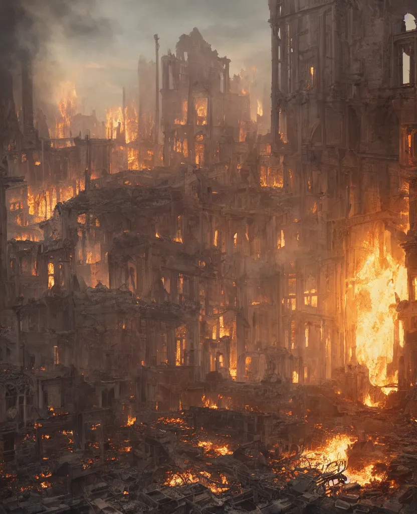 Prompt: concept art of ruins of a victorian city burning down by j. c. leyendecker, wlop, ruins, dramatic, octane render, epic painting, extremely detailed, 8 k