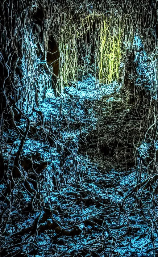 Prompt: vines in a very dark cave, blue lighting, decayed, creepy