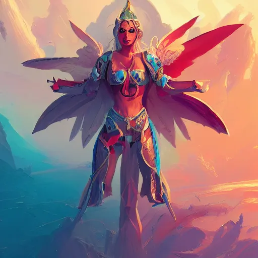 Prompt: Angelic woman in bikini armor with a jetpack, D&D, elegant, vibrant, fantasy, intricate, smooth, by anton fadeev, Ted Nasmuth, Jessica Rossier, Christian Dimitrov, and Greg Rutkowski trending on artstation