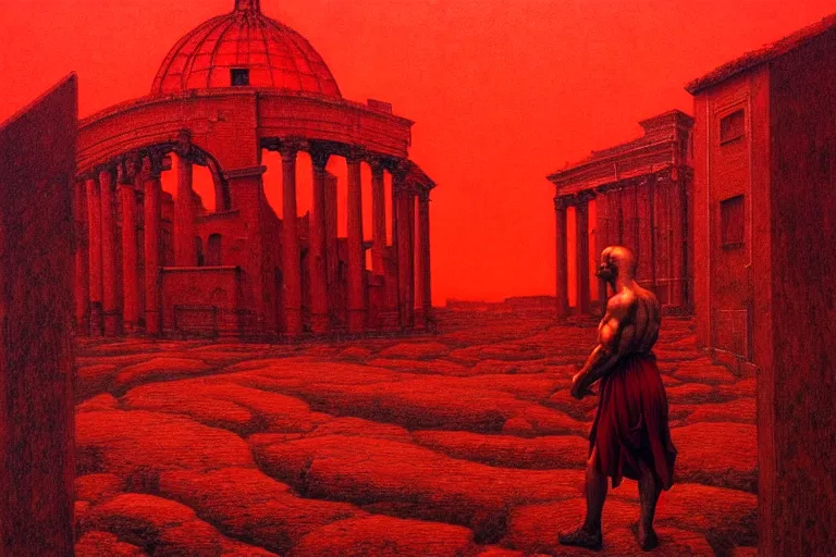 Image similar to only with red, caesar after war, a red tiger, in hoc signo vinces, rome in background, an ancient path, in the style of beksinski, part by hopper, part by rodcenko, part by hofbauer, intricate composition, red by caravaggio, insanely quality, highly detailed, masterpiece, red light, artstation