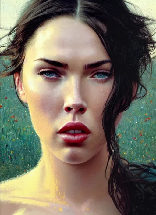 Prompt: megan fox kisses scarlet johansson countryside, calm, fantasy character portrait, dynamic pose, above view, sunny day, thunder clouds in the sky, artwork by jeremy lipkin and giuseppe dangelico pino very coherent asymmetrical artwork, sharp edges, perfect face, simple form, 1 0 0 mm