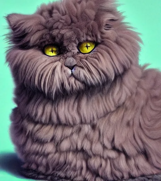 Image similar to fluffy groomed selkirk rex cat portrait, glorious and loving, by betsy walton, kenneth blom, mental alchemy, james jean, pablo amaringo, contemporary art, hyper detailed