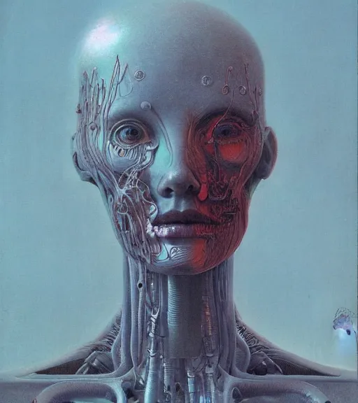 Image similar to portrait of girl melting with machine by wayne barlowe and zdislaw beksinski