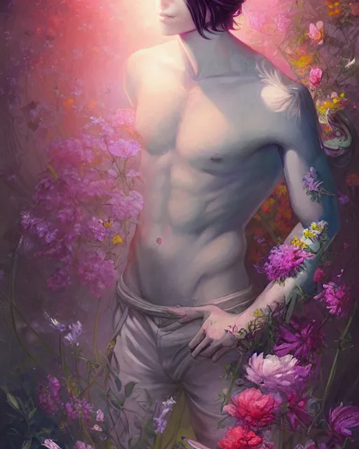 Image similar to a painting of a beautiful man surrounded by flowers, an ultrafine detailed painting by ross tran, centered full body, featured on deviantart, fantasy art, detailed painting, deviantart, anime